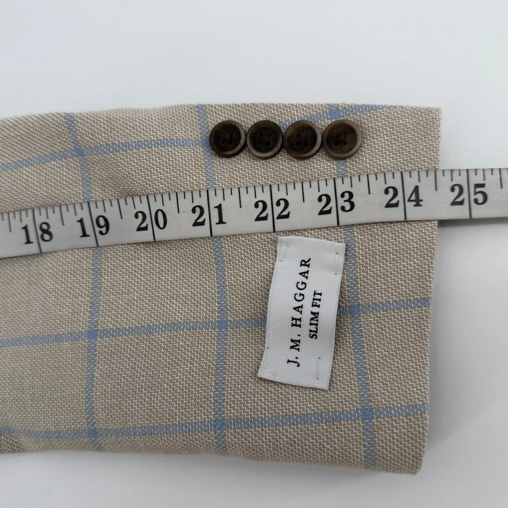 J.M. Haggar Sport Coat Mens 42S Tan Blue Windowpane Check Slim Fit Cotton Blazer